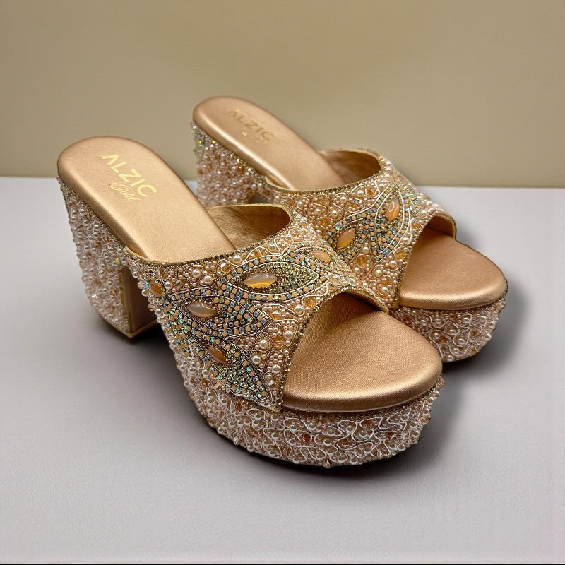 Luxury Pearl Embellished Rose Gold Platform Heels