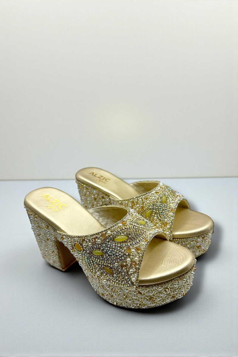 Luxury Pearl Embellished Golden Platform Heels