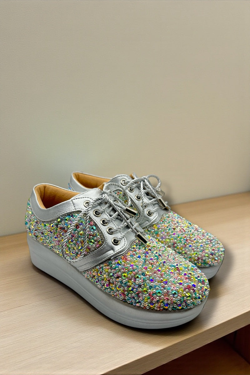 Crystal Burst Silver Bridal Platform Sneakers