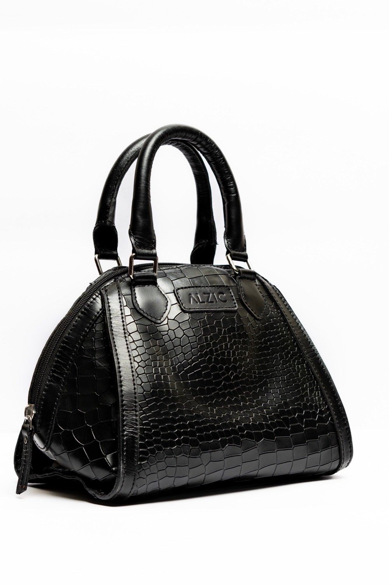 Elegant Black Croc-Embossed Leather Handbag – Structured Satchel with Top Handles