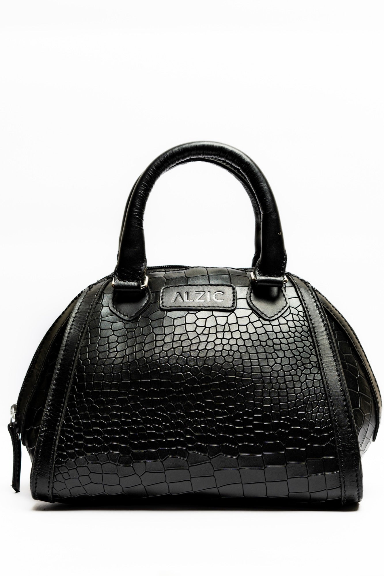 Elegant Black Croc-Embossed Leather Handbag – Structured Satchel with Top Handles