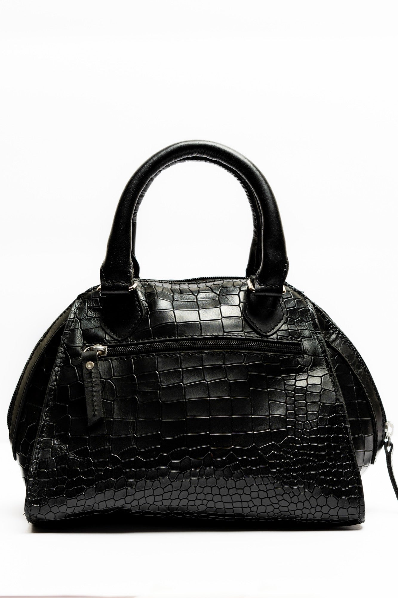 Elegant Black Croc-Embossed Leather Handbag – Structured Satchel with Top Handles