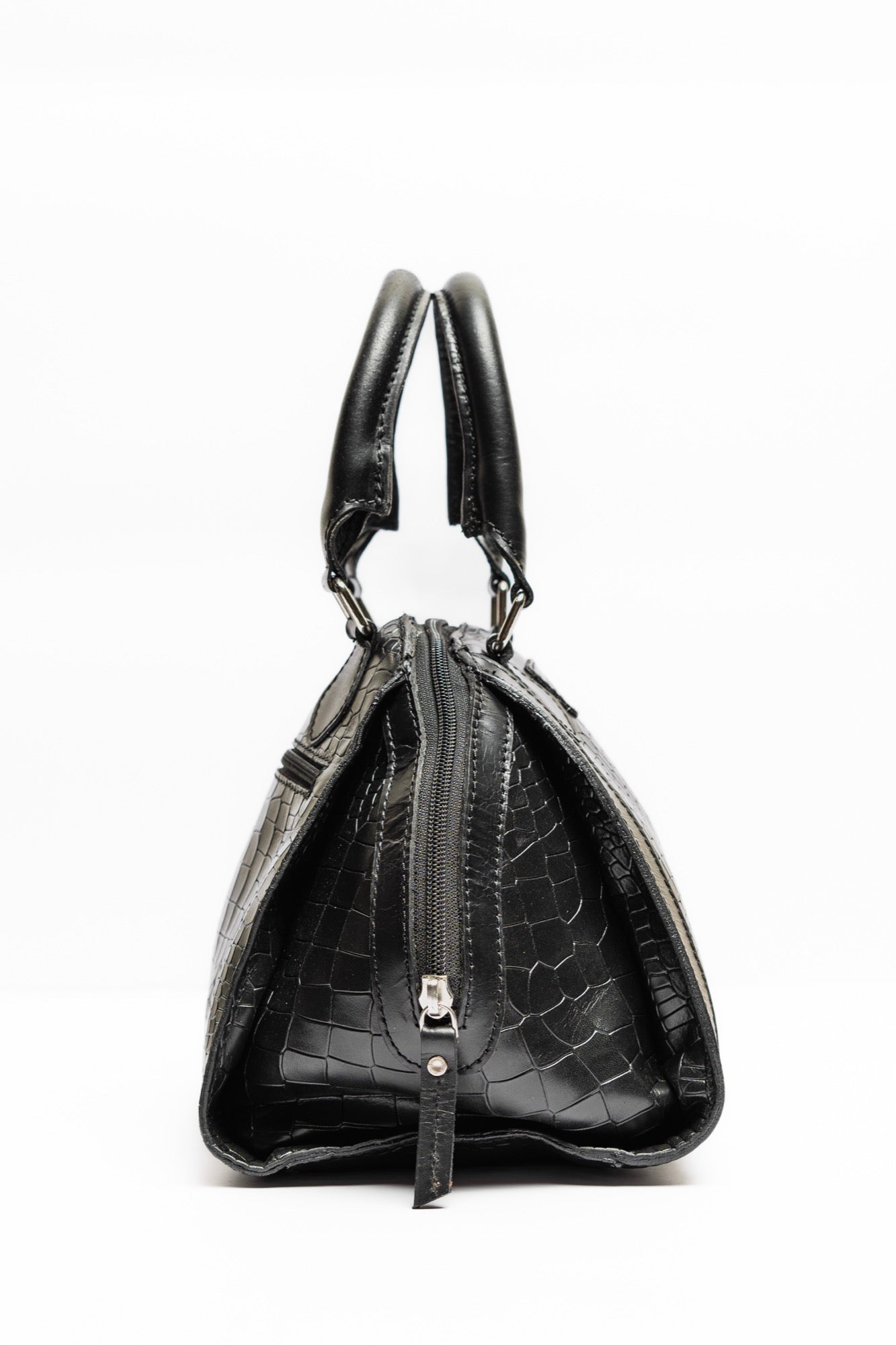 Elegant Black Croc-Embossed Leather Handbag – Structured Satchel with Top Handles