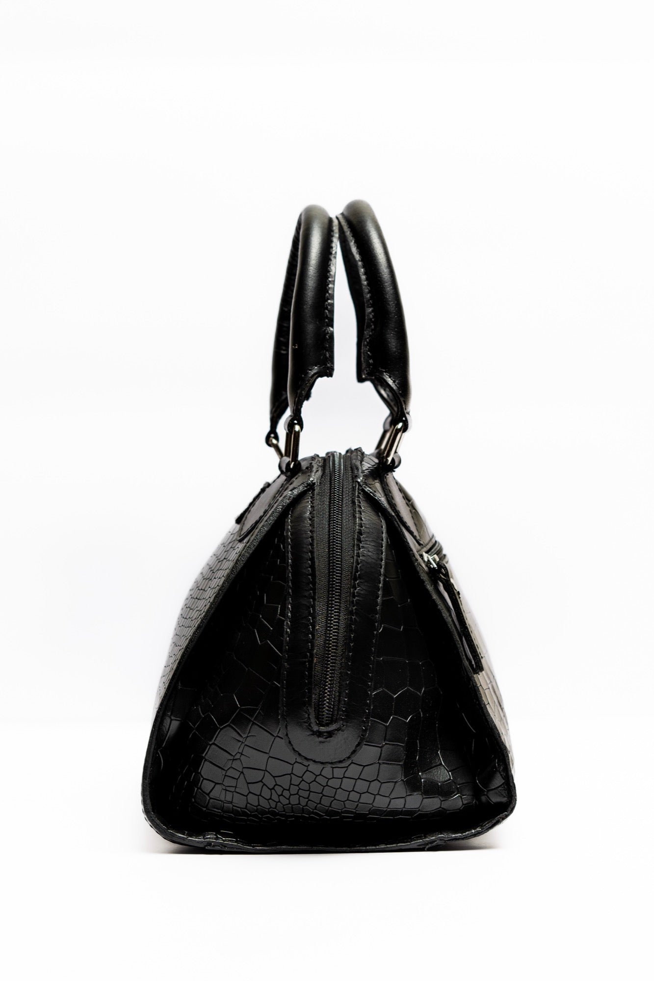Elegant Black Croc-Embossed Leather Handbag – Structured Satchel with Top Handles