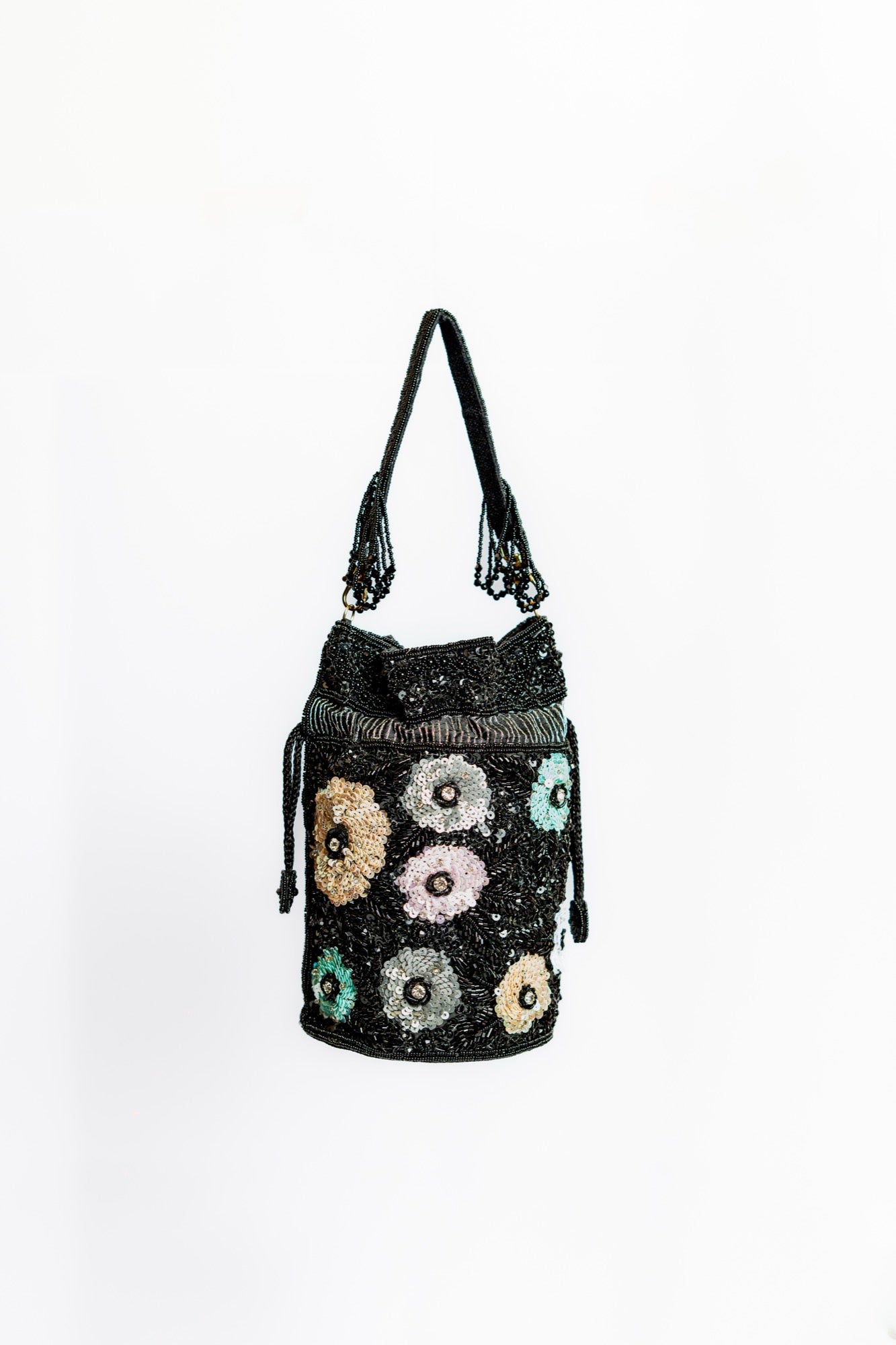 Handcrafted Black Beaded Floral Bucket Bag – Sequin Embellished Drawstring Evening Purse