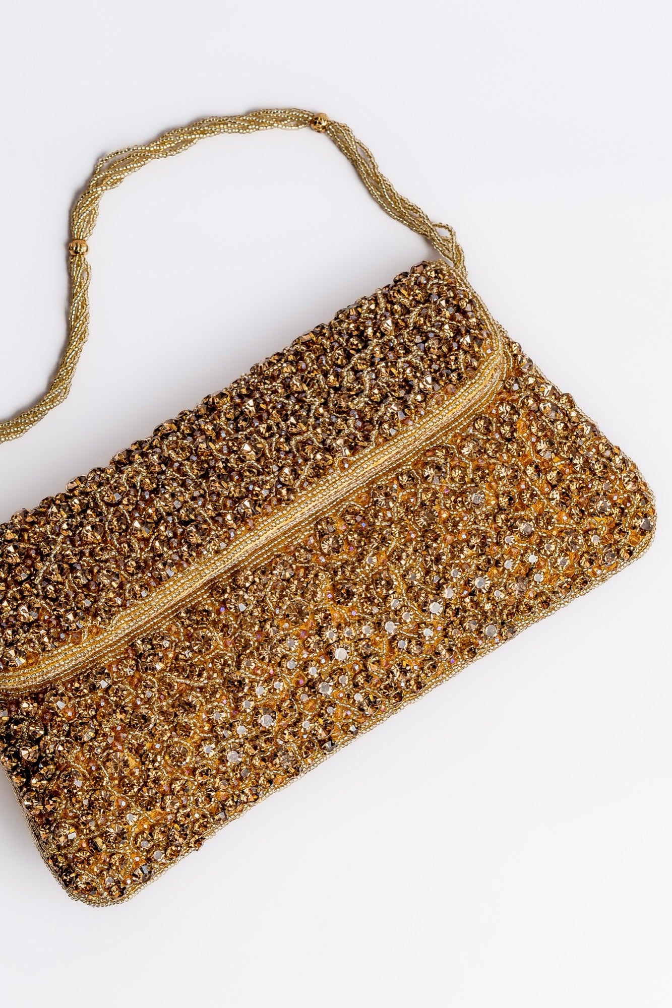 Elegant Gold Beaded Evening Clutch – Handcrafted Crystal Embellished Shoulder Bag