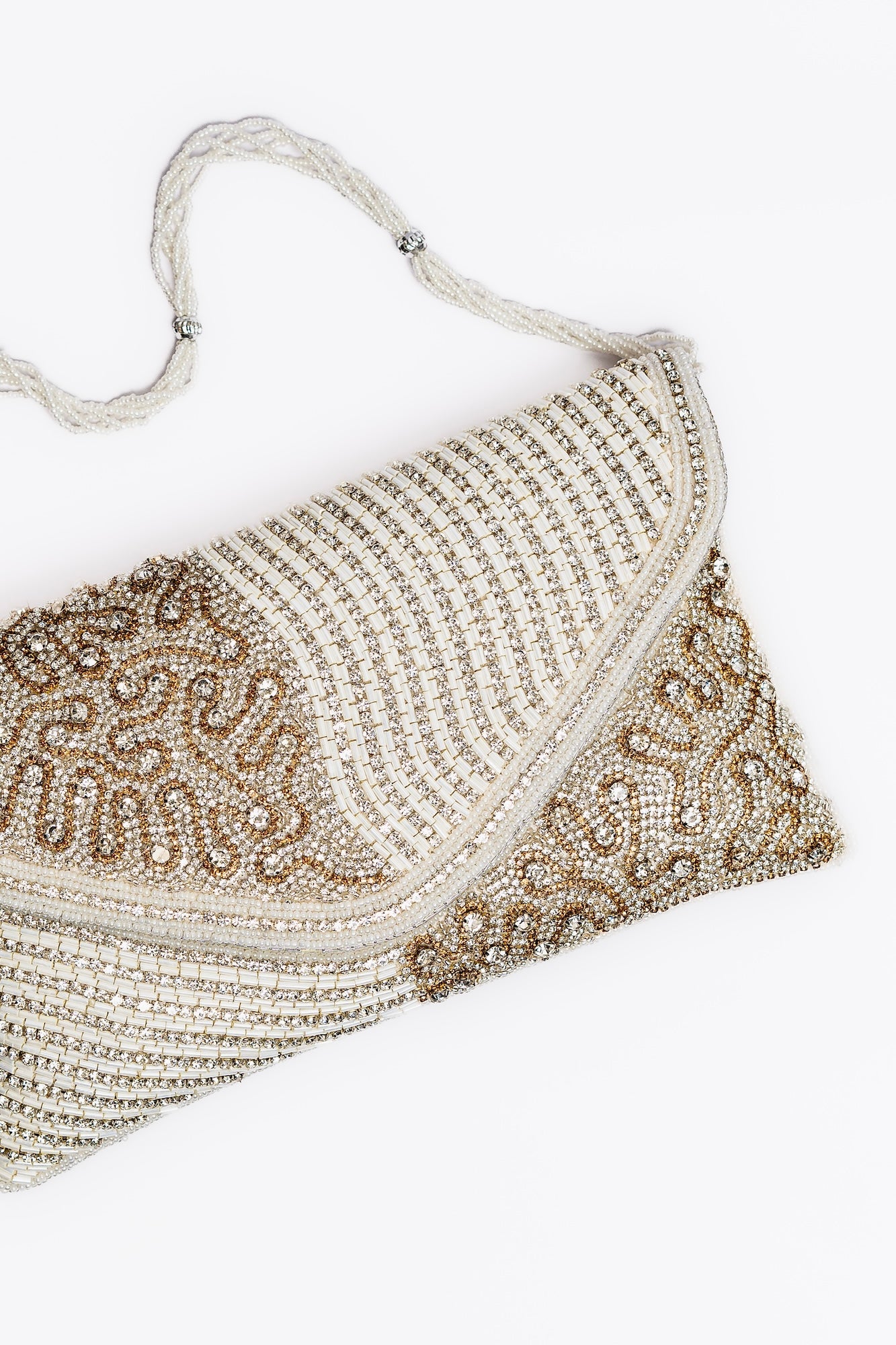 Elegant Hand-Beaded Clutch Purse – Gold & White Beaded Evening Bag with Detachable Strap