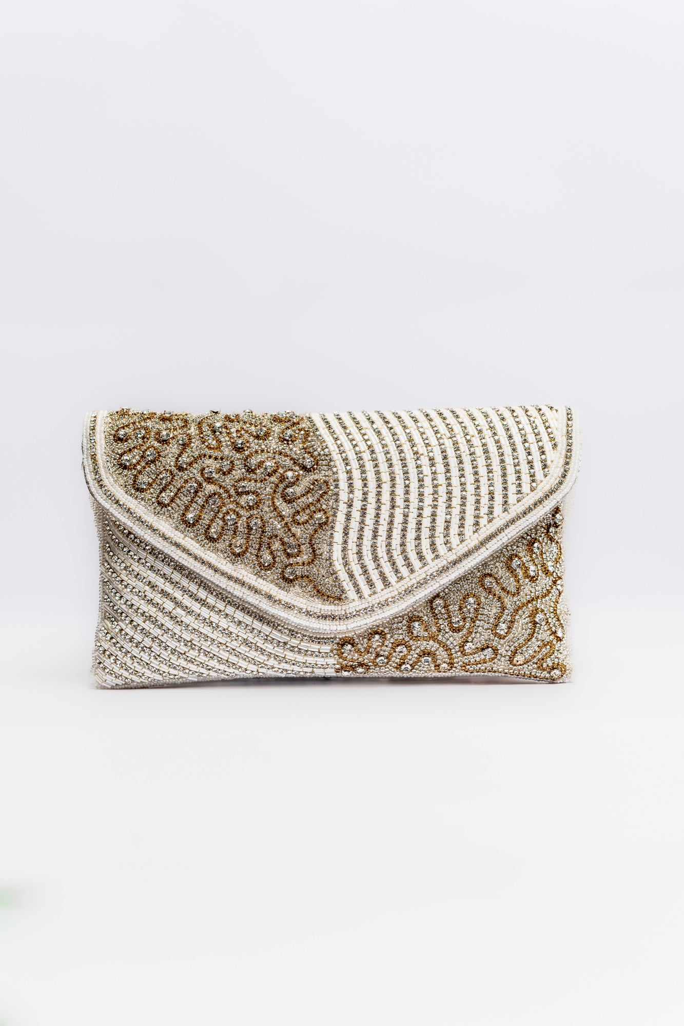 Elegant Hand-Beaded Clutch Purse – Gold & White Beaded Evening Bag with Detachable Strap
