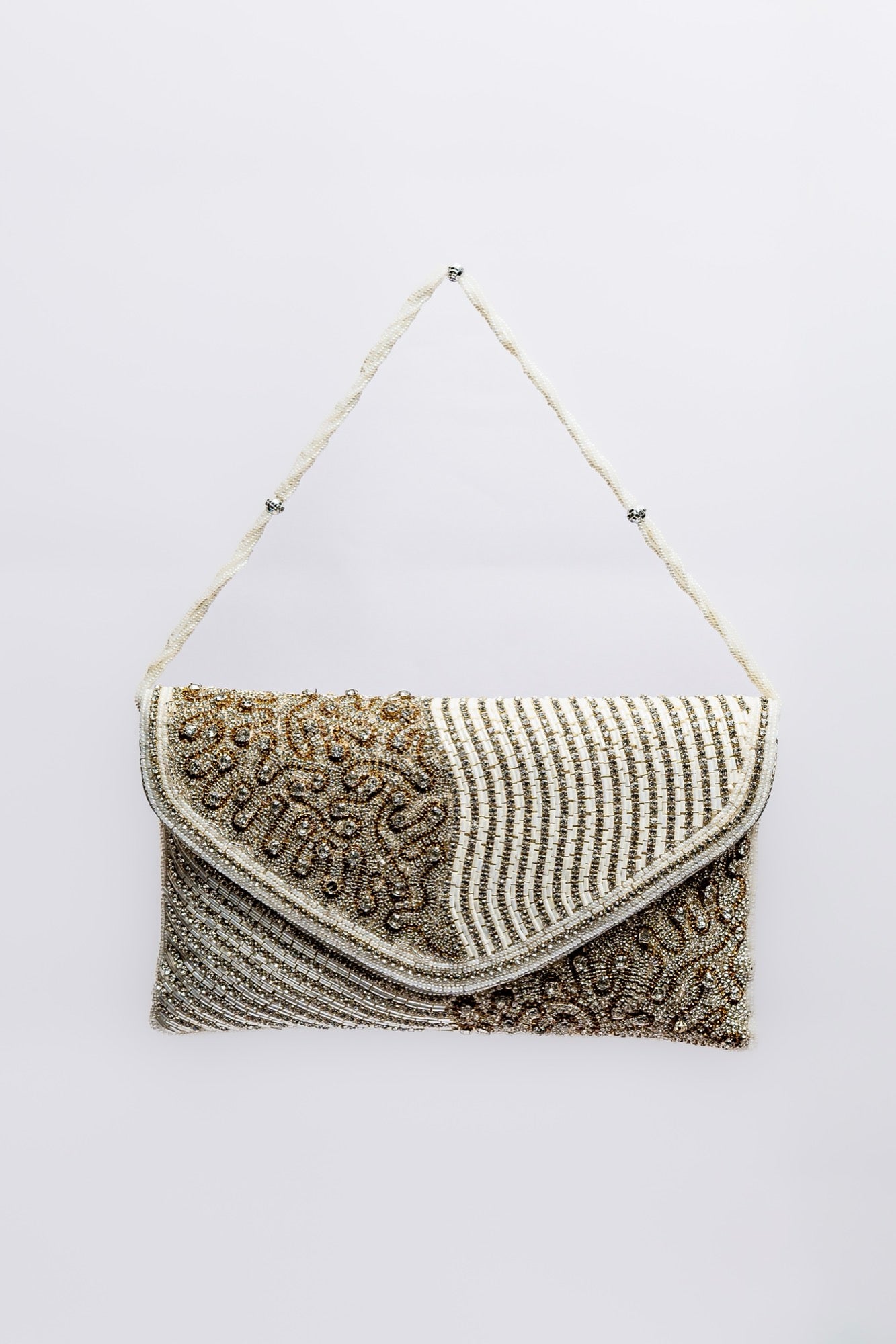 Elegant Hand-Beaded Clutch Purse – Gold & White Beaded Evening Bag with Detachable Strap