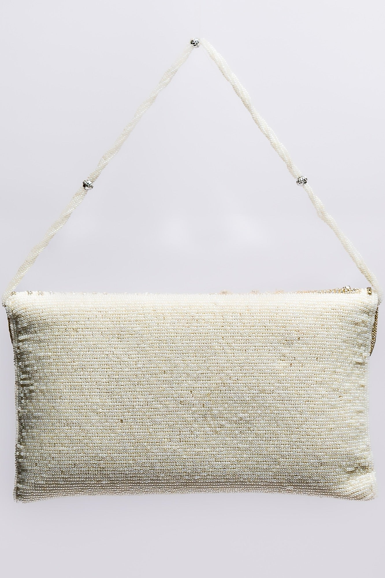 Elegant Hand-Beaded Clutch Purse – Gold & White Beaded Evening Bag with Detachable Strap