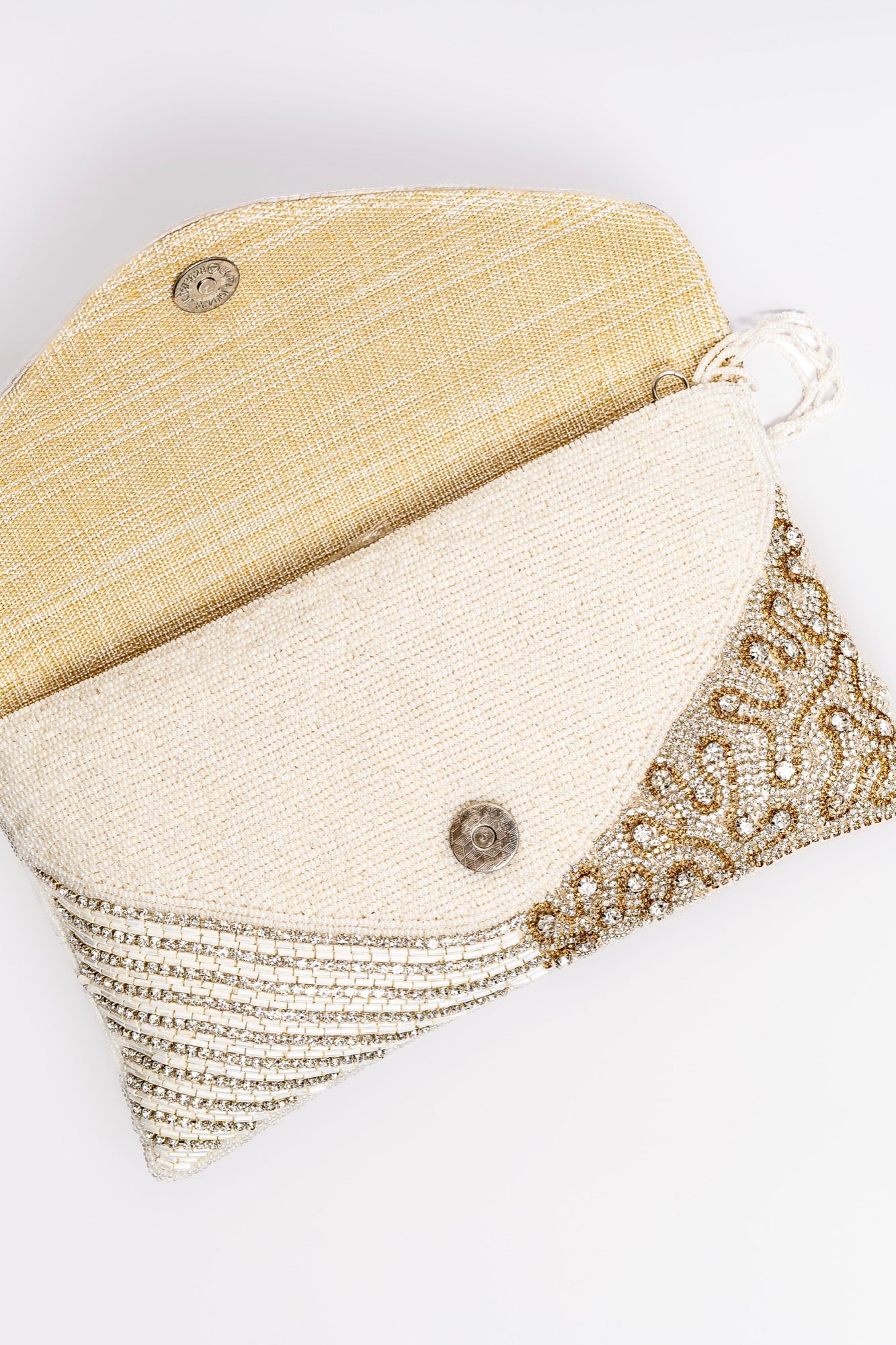 Elegant Hand-Beaded Clutch Purse – Gold & White Beaded Evening Bag with Detachable Strap