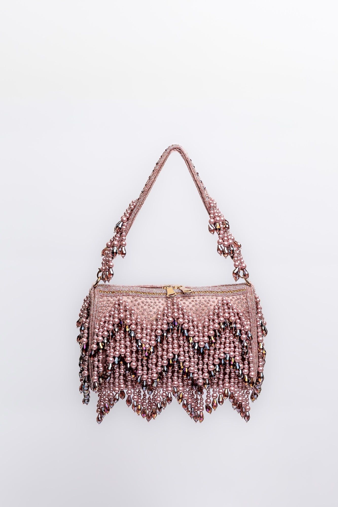 Luxurious Rose Gold Beaded Fringe Handbag – Handcrafted Pearl & Crystal Embellished Evening Purse