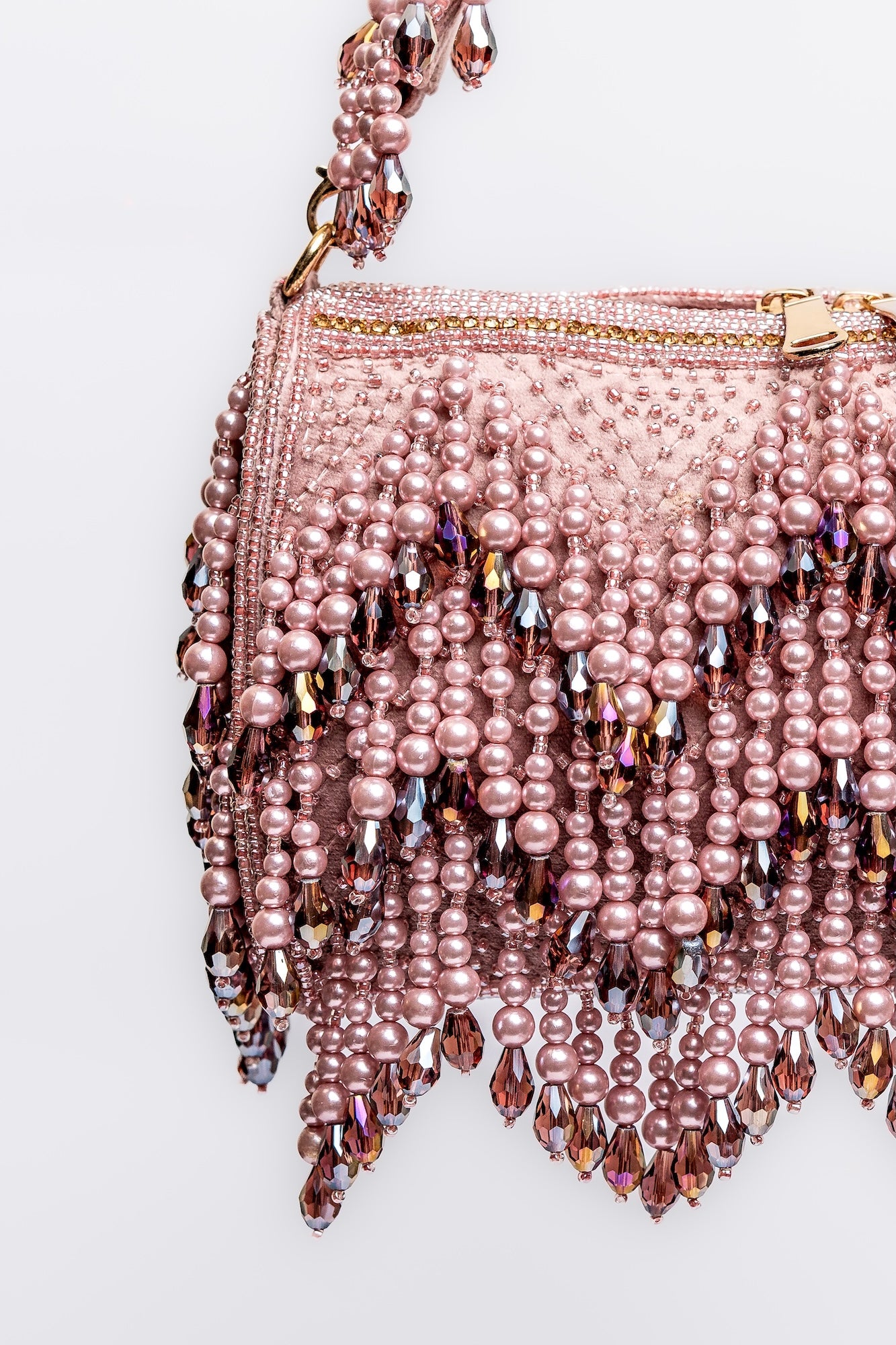 Luxurious Rose Gold Beaded Fringe Handbag – Handcrafted Pearl & Crystal Embellished Evening Purse