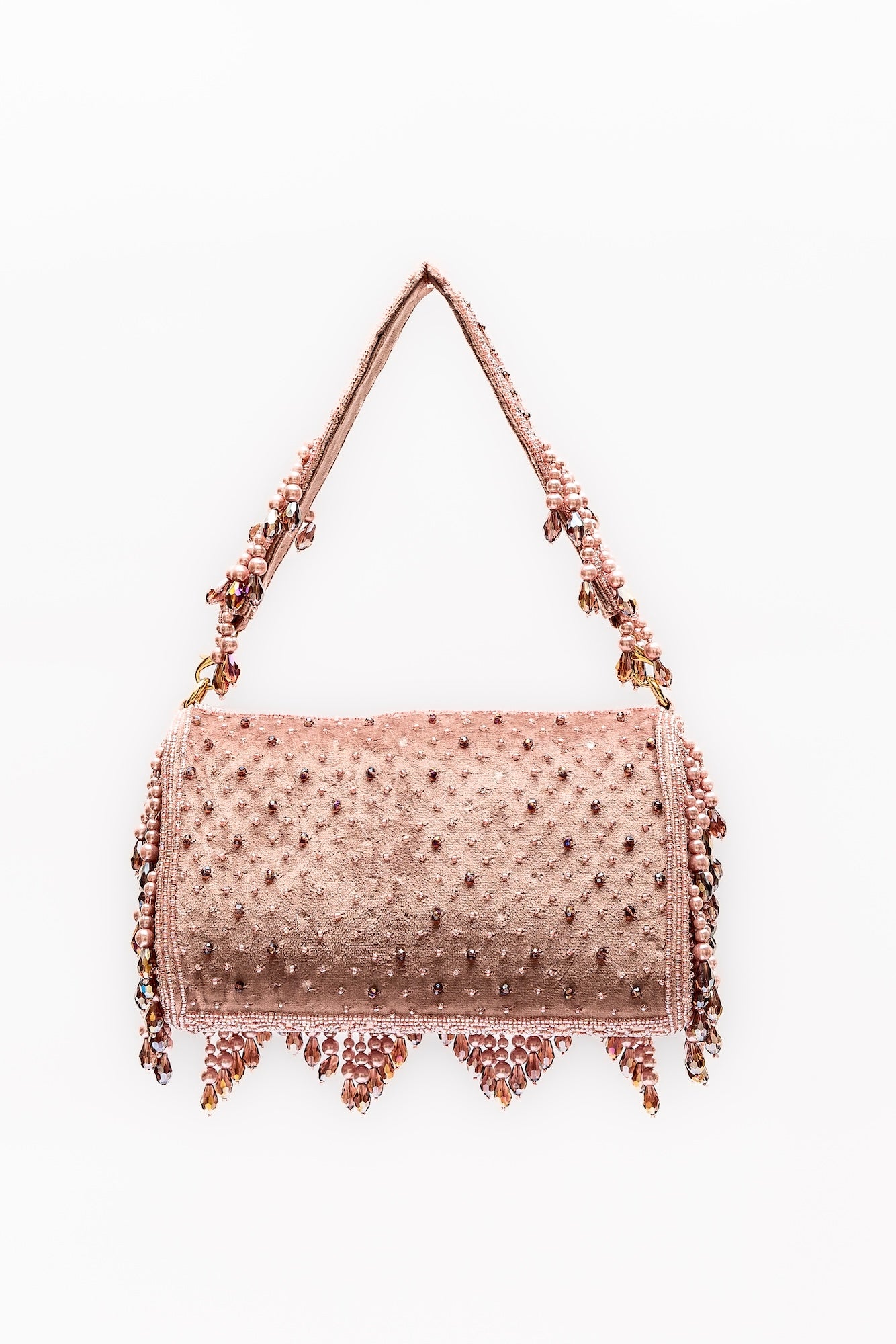 Luxurious Rose Gold Beaded Fringe Handbag – Handcrafted Pearl & Crystal Embellished Evening Purse