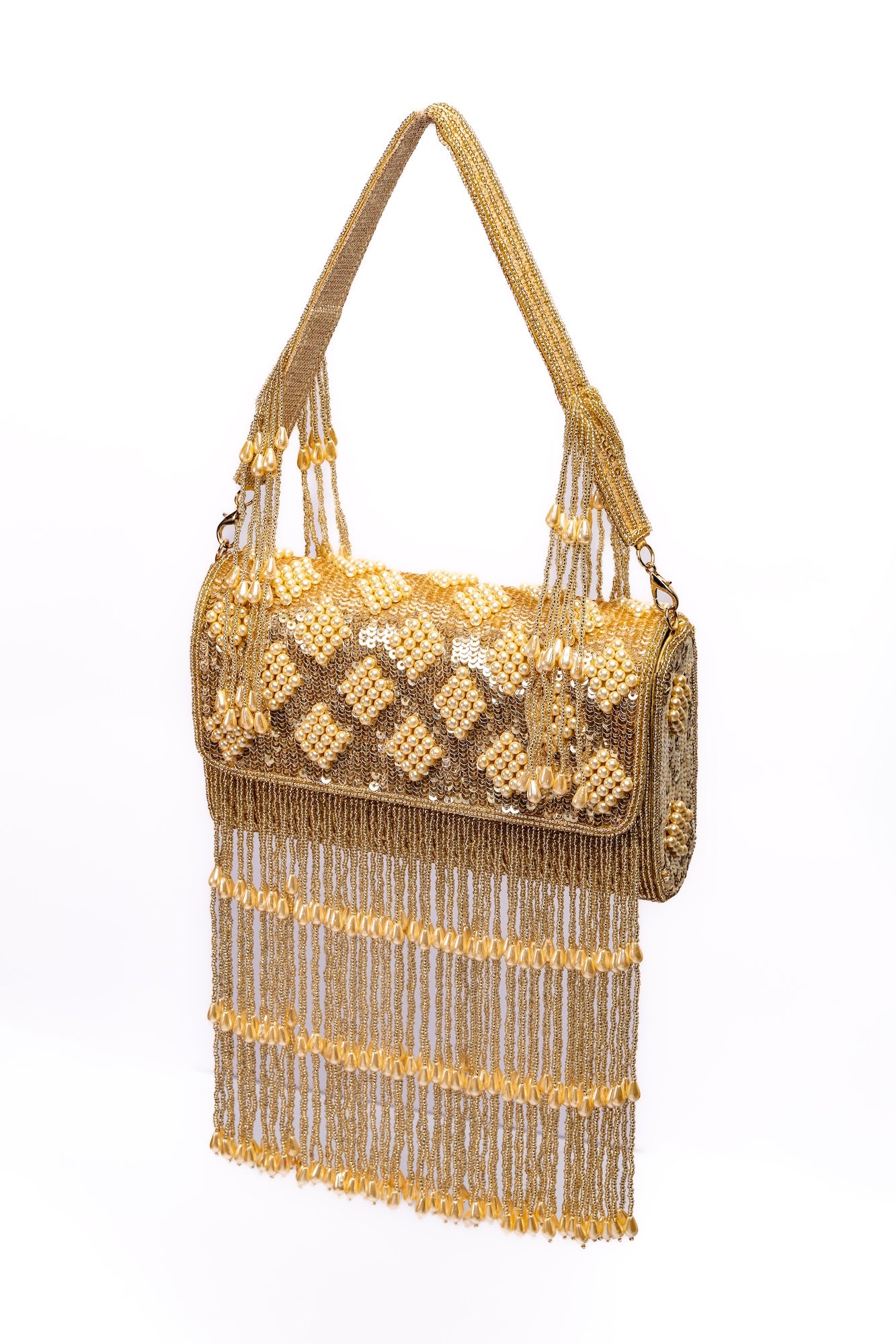 Luxury Gold Beaded Fringe Handbag – Elegant Pearl & Sequin Embellished Evening Purse