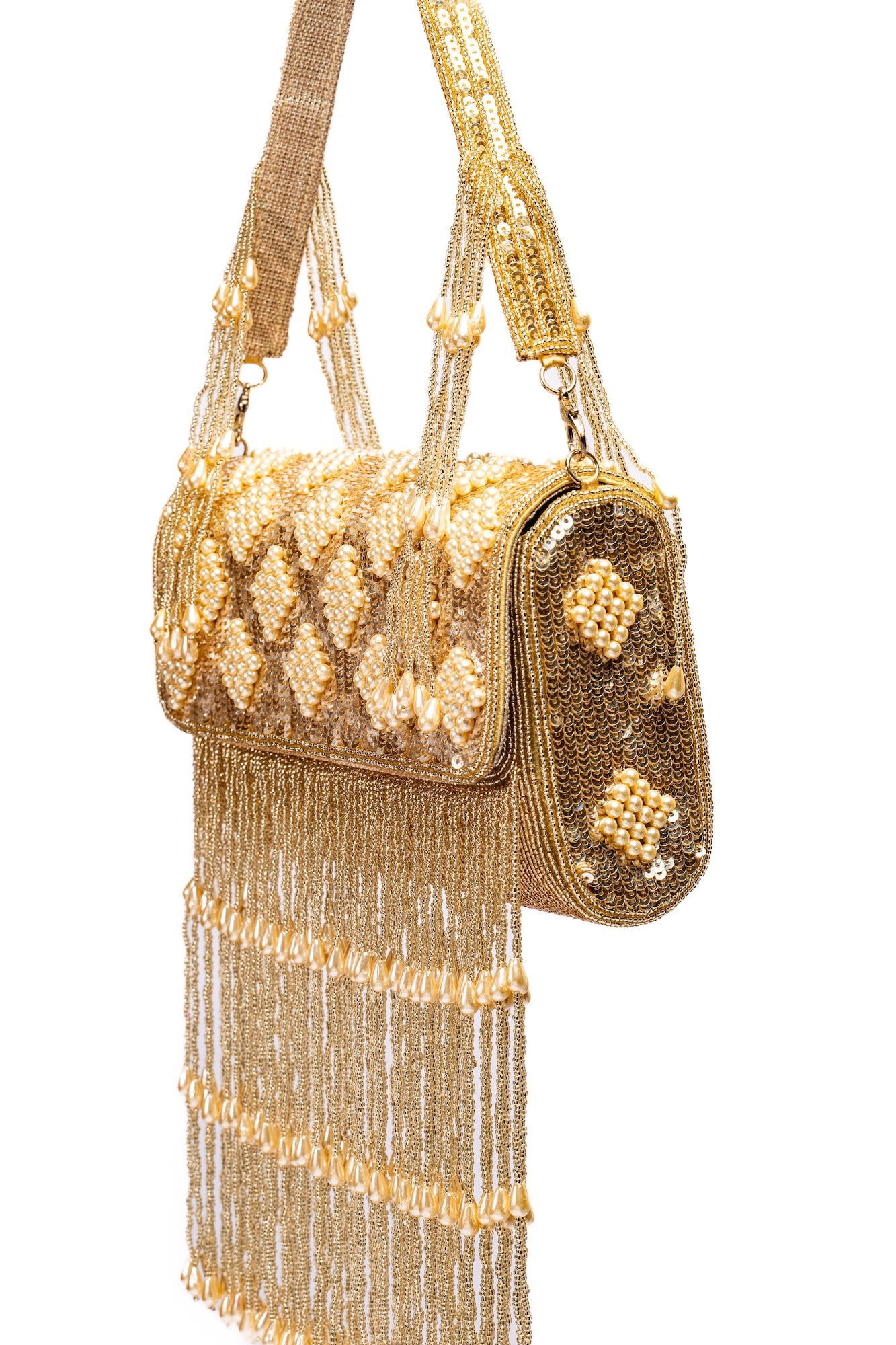 Luxury Gold Beaded Fringe Handbag – Elegant Pearl & Sequin Embellished Evening Purse